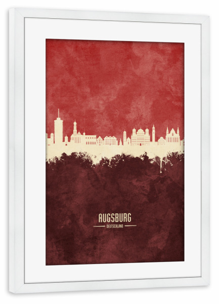Poster mit Rahmen weiß "Augsburg Germany Skyline Dark Red" artboxONE - Städte