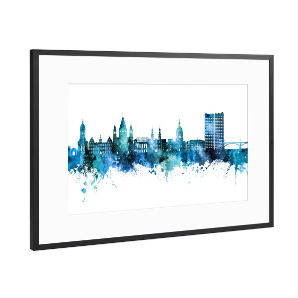 Poster mit Rahmen Schwarz (Metallic) "Mainz Germany Skyline Blue" artboxONE - Städte