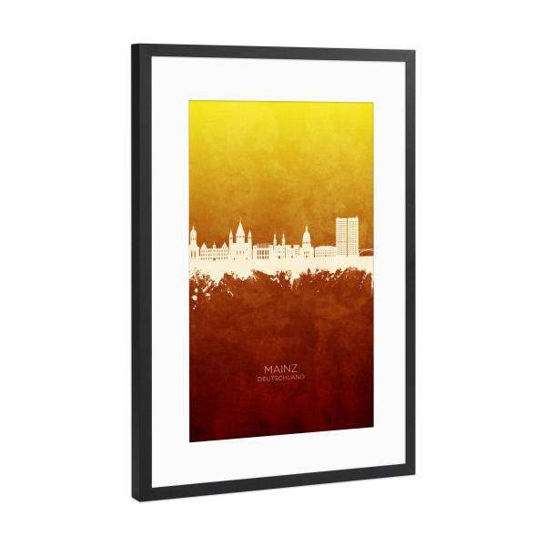 Poster mit Rahmen Schwarz (Metallic) "Mainz Germany Skyline RedYellow" artboxONE - Städte