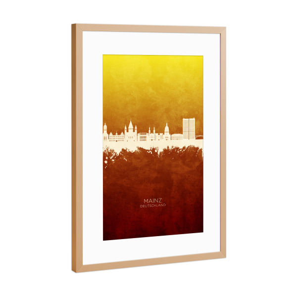 Poster mit Rahmen Kupfer "Mainz Germany Skyline RedYellow" artboxONE - Städte