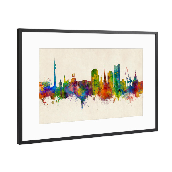 Poster mit Rahmen Schwarz (Metallic) "Dortmund Germany Skyline Urban" artboxONE - Städte