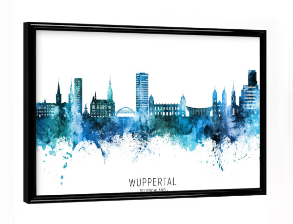 Poster mit schwarzem Rahmen "Wuppertal Skyline Blue Name" artboxONE - Städte