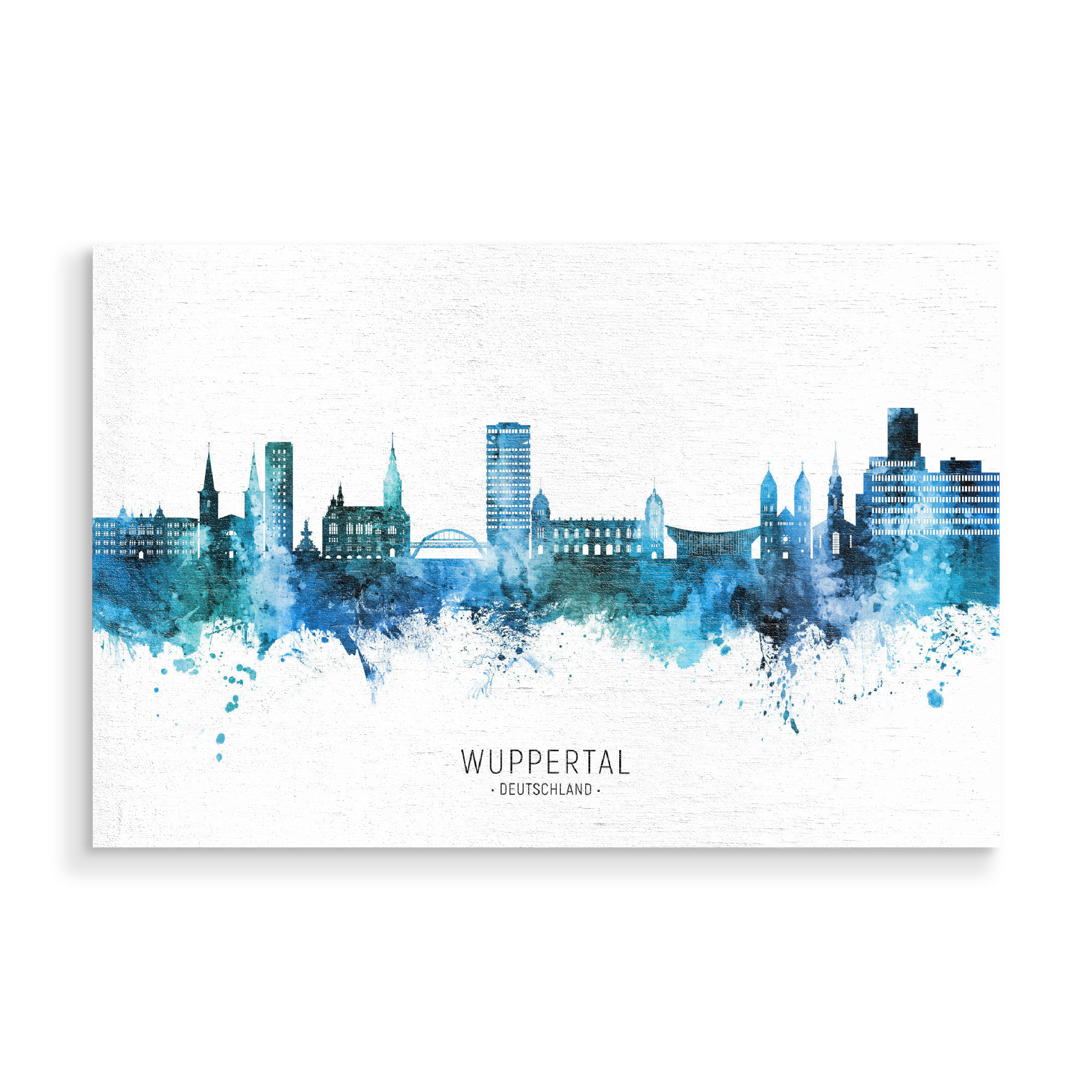 Holzbild "Wuppertal Skyline Blue Name" artboxONE - Städte - Wuppertal,Deutschland,Skyline,Cityscape,Stadtbild,Watercolor,Painting,City,Stadt,Germany