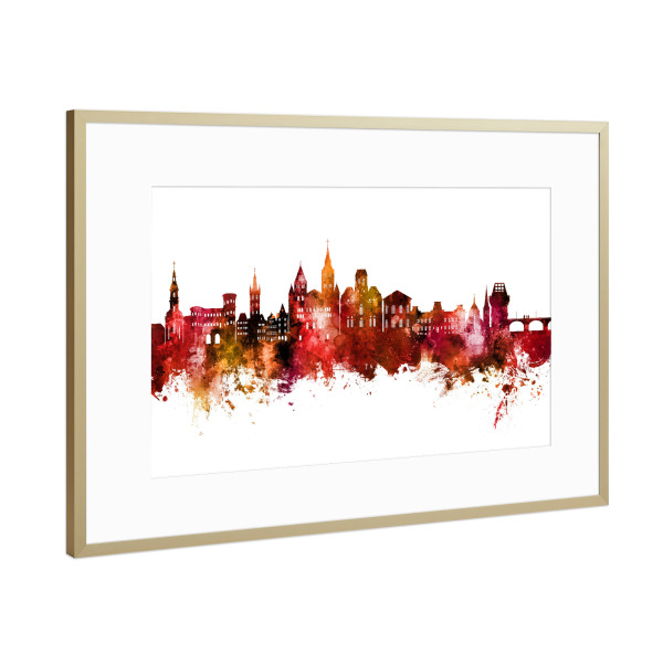 Poster mit Rahmen Gold "Trier Germany Skyline Red" artboxONE - Städte