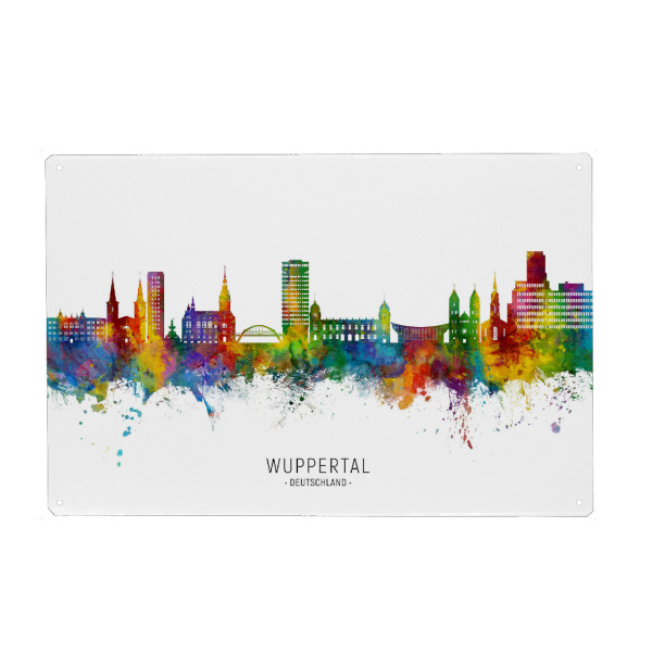 Holzbild "Wuppertal Germany Skyline txt" artboxONE - Städte - Wuppertal,Deutschland,Skyline,Cityscape,Stadtbild,Watercolor,Painting,City,Stadt,Germany