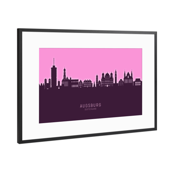 Poster mit Rahmen Schwarz (Metallic) "Augsburg Skyline Glow Pink" artboxONE - Städte