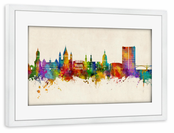Poster mit Rahmen weiß "Mainz Germany Skyline Urban" artboxONE - Städte