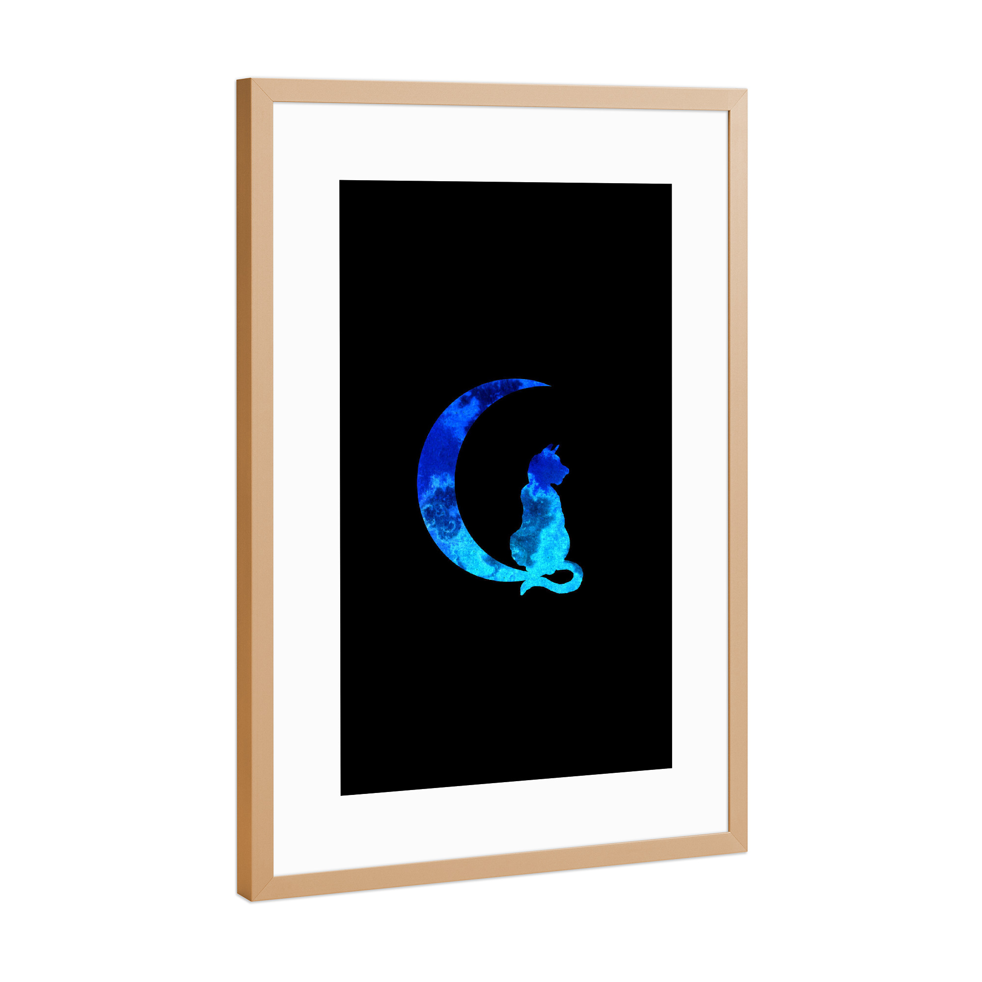 Poster mit Rahmen Kupfer "Blue Crescent Moon and Cat" artboxONE - Natur,Tiere,Halloween