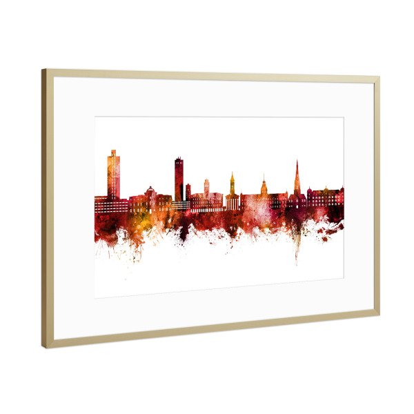 Poster mit Rahmen Gold "Karlsruhe Germany Skyline Red" artboxONE - Städte