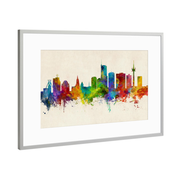 Poster mit Rahmen Silber "Essen Germany Skyline Urban" artboxONE - Städte
