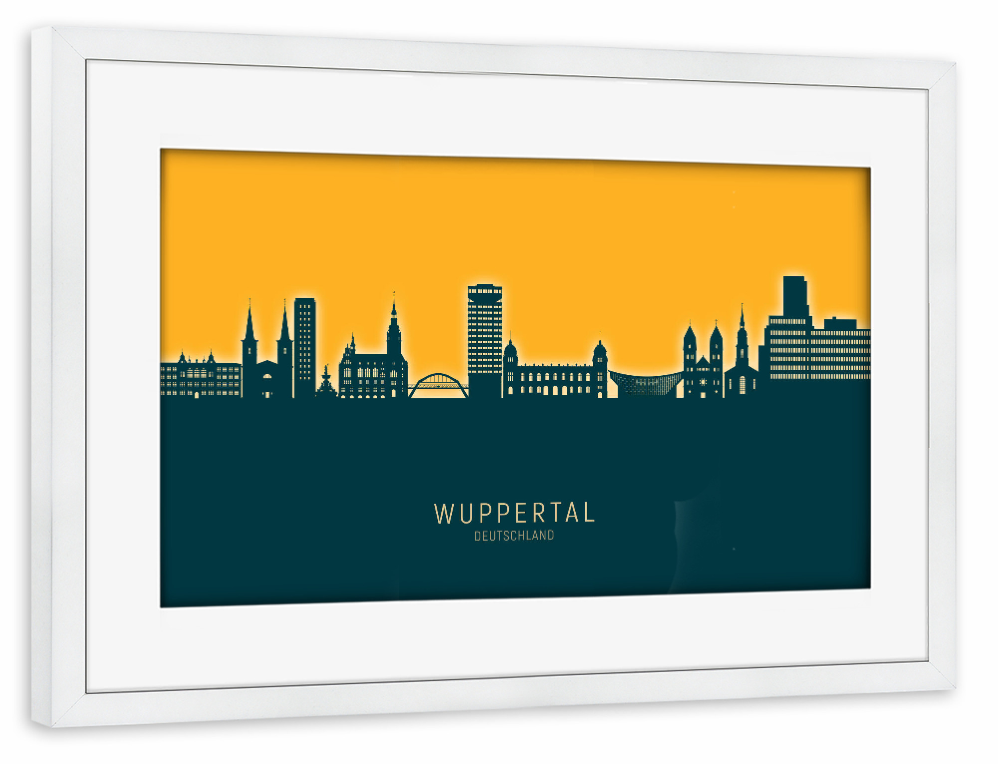 Poster mit Rahmen weiß "Wuppertal Germany Skyline Citrus" artboxONE - Städte