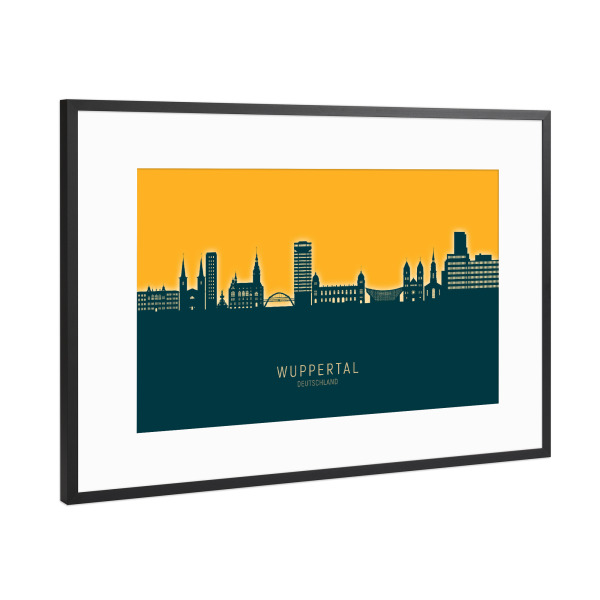 Poster mit Rahmen Schwarz (Metallic) "Wuppertal Germany Skyline Citrus" artboxONE - Städte