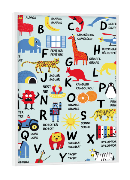 Poster mit weißem Rahmen "ABC lernen Französisch Deutsch" artboxONE - Typografie,Für Kinder,Lustig