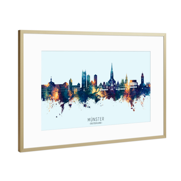 Poster mit Rahmen Gold "Münster Skyline BlueOrange" artboxONE - Städte