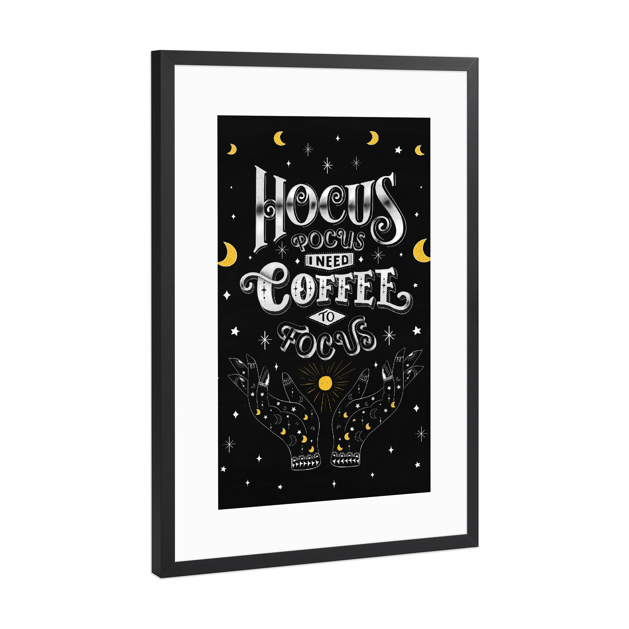 Poster mit Rahmen Schwarz (Metallic) "Hocus pocus. Coffee to focus" artboxONE - Typografie,Essen & Trinken,Lustig