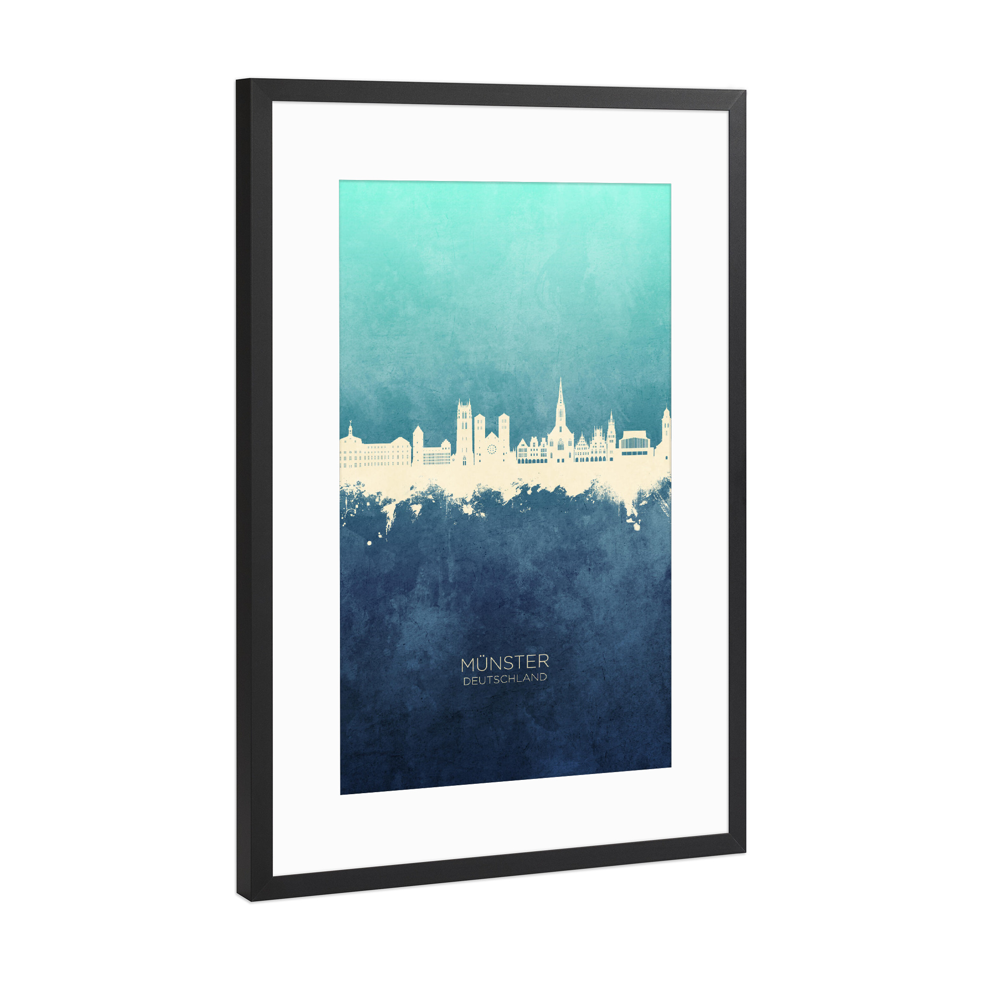 Poster mit Rahmen Schwarz (Metallic) "Münster Germany Skyline NavyCyan" artboxONE - Städte