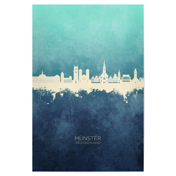 Poster "Münster Germany Skyline NavyCyan" artboxONE - Städte - Münster,Deutschland,Skyline,Cityscape,Stadtbild,Watercolor,Painting,City,Stadt,Germany