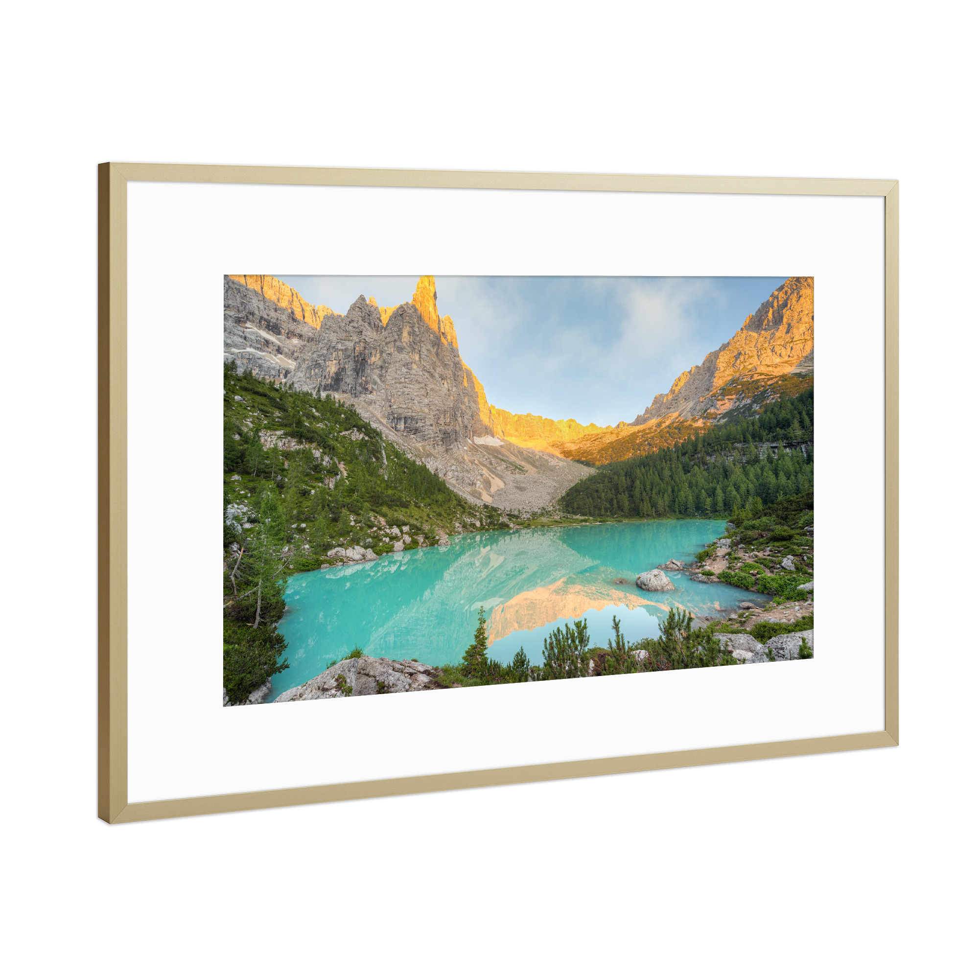 Poster mit Rahmen Gold "Morgens am Lago di Sorapis" artboxONE - Natur,Reise,Reise / Länder