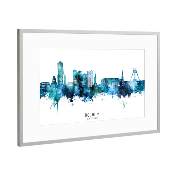 Poster mit Rahmen Silber "Bochum Germany Skyline Blue Name" artboxONE - Städte