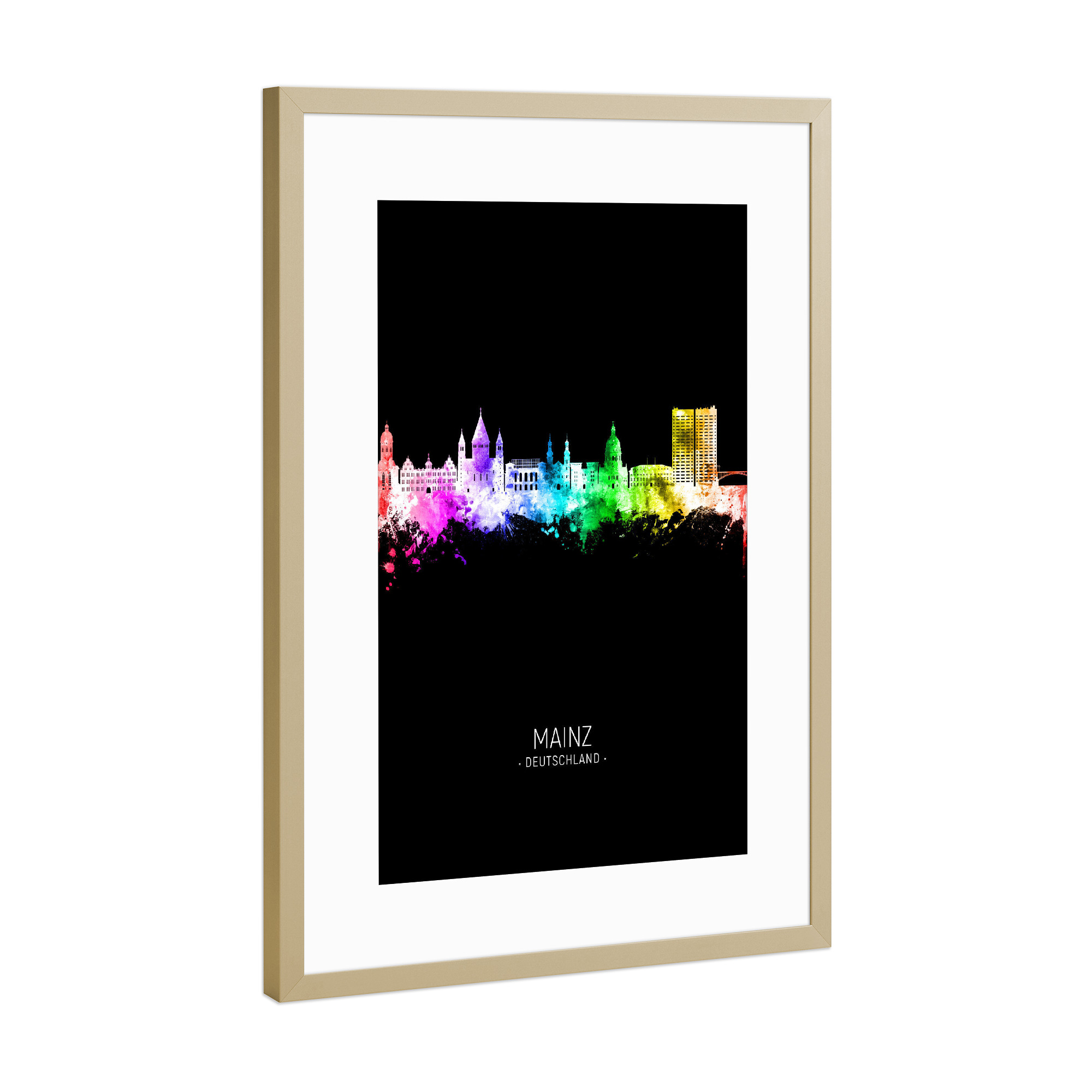 Poster mit Rahmen Gold "Mainz Skyline Colour Black" artboxONE - Städte