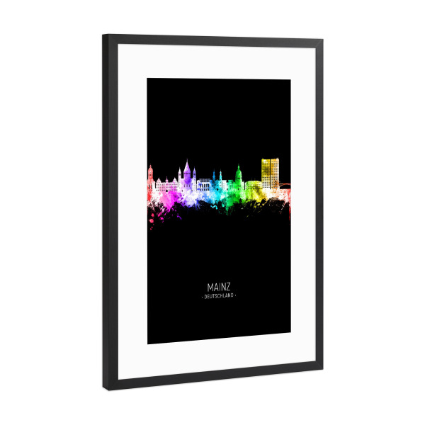 Poster mit Rahmen Schwarz (Metallic) "Mainz Skyline Colour Black" artboxONE - Städte