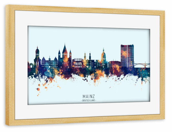 Poster mit Rahmen kiefer "Mainz Germany Skyline BlueOrange" artboxONE - Städte