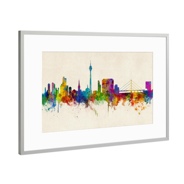 Poster mit Rahmen Silber "Düsseldorf Germany Skyline Urban" artboxONE - Städte,Städte / Düsseldorf