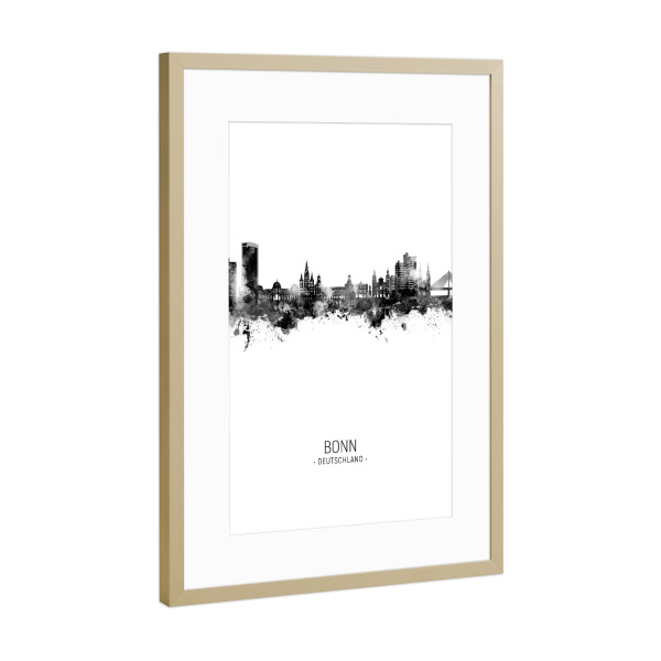 Poster mit Rahmen Gold "Bonn Germany Skyline BW" artboxONE - Städte,Schwarzweiß