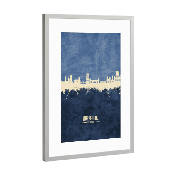 Poster mit Rahmen Silber "Wuppertal Germany Skyline Navy" artboxONE - Städte