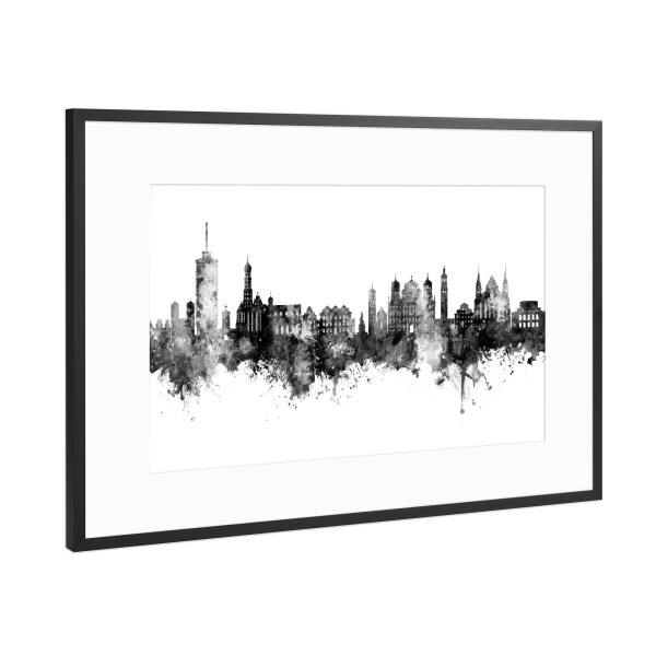 Poster mit Rahmen Schwarz (Metallic) "Augsburg Germany Skyline Black" artboxONE - Städte