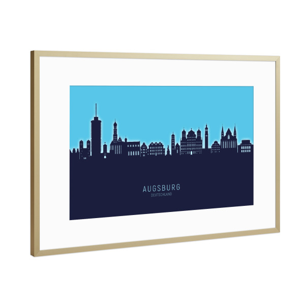 Poster mit Rahmen Gold "Augsburg Skyline Glow Blue" artboxONE - Städte