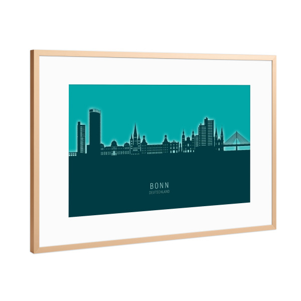 Poster mit Rahmen Kupfer "Bonn Germany Skyline Glow Teal" artboxONE - Städte