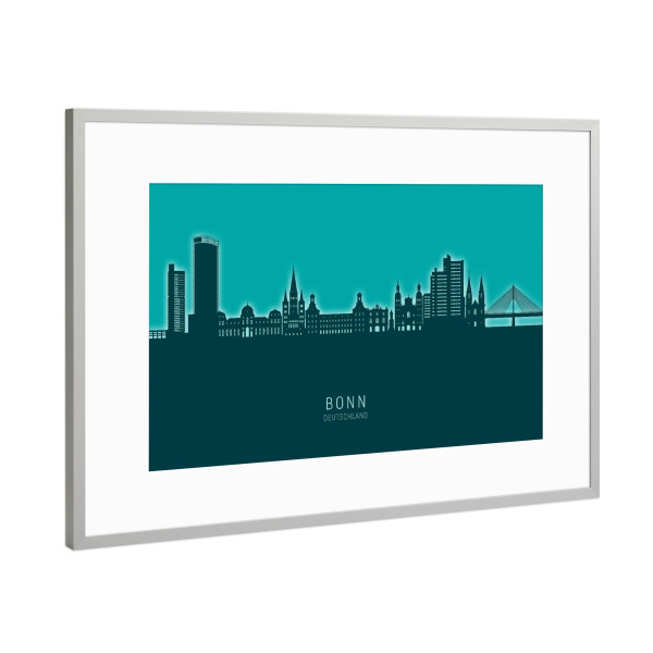 Poster mit Rahmen Silber "Bonn Germany Skyline Glow Teal" artboxONE - Städte