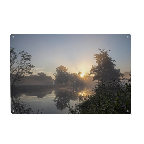 Holzbild "Mystische Stimmung an der Trave" artboxONE - Natur - Sonnenaufgang,Nebel,Sonne,Fluss,Bäume,Landschaft,Idylle,Landscape,Natur,Nature,Sunrise