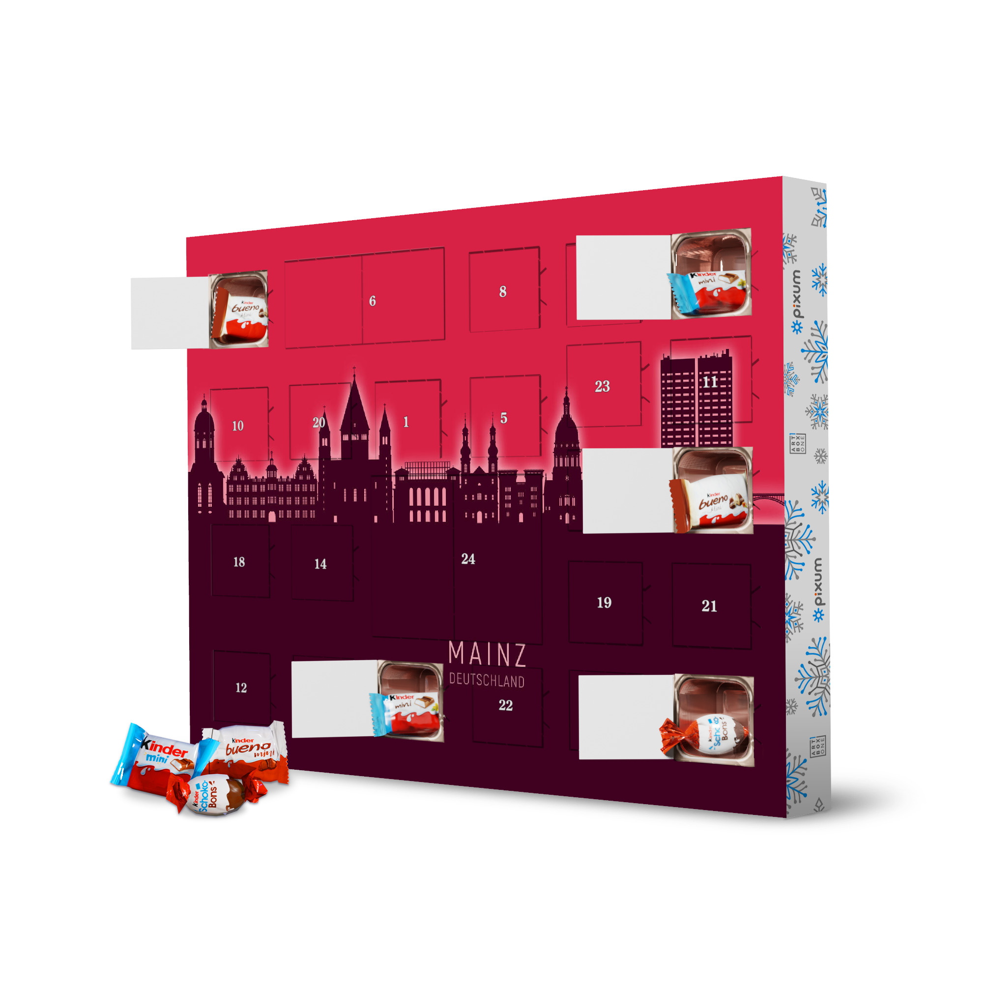 Adventskalender XXL mit Produkten von Kinder Mainz Germany Skyline Glow Red artboxONE Adventskalender Städte