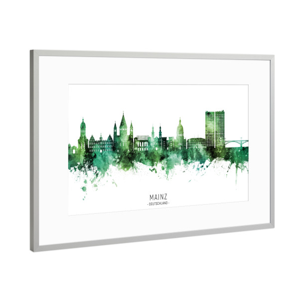 Poster mit Rahmen Silber "Mainz Germany Skyline Green Name" artboxONE - Städte