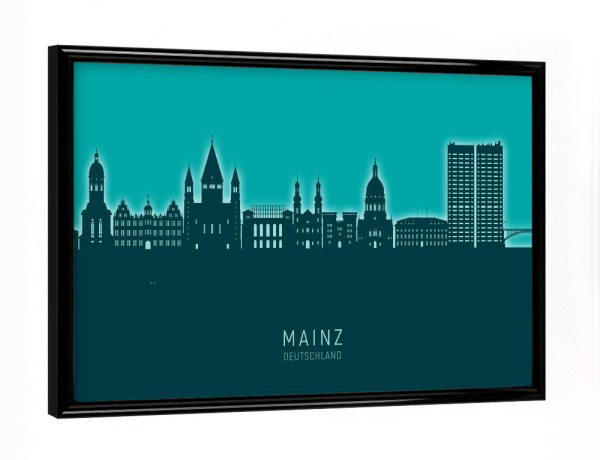 Poster mit schwarzem Rahmen "Mainz Germany Skyline Glow Teal" artboxONE - Städte