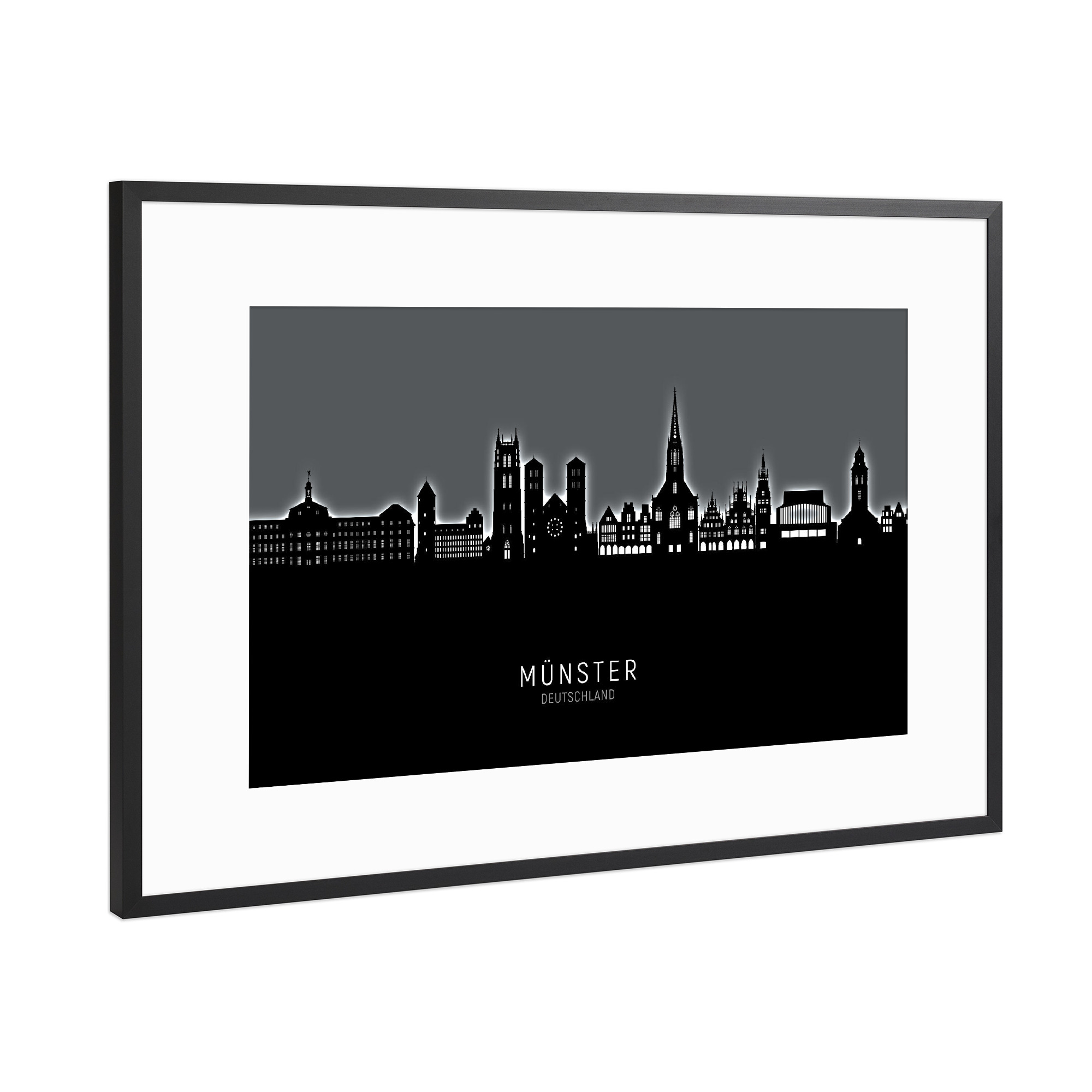 Poster mit Rahmen Schwarz (Metallic) "Münster Skyline Glow White" artboxONE - Städte