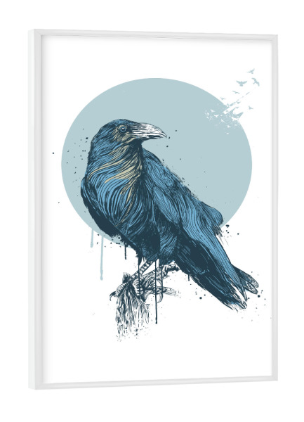 Poster mit weißem Rahmen "Blue crow" artboxONE - Tiere - Birds,Animals,Raven,Crow,Circle,Vogel,Tier,Geometric,Blue,Drawing,Ink,Cool