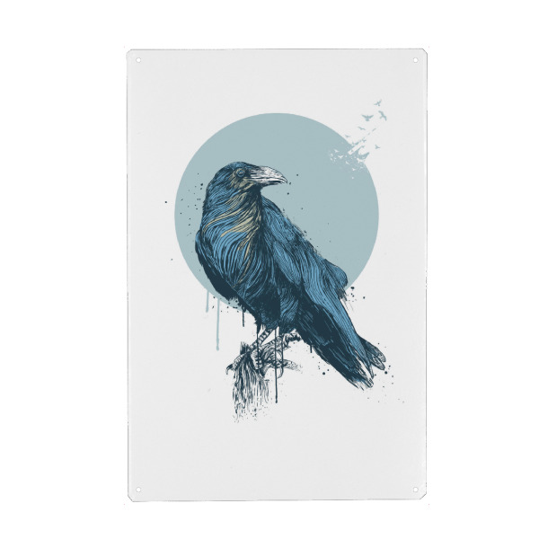 Metall Poster "Blue crow" artboxONE - Tiere - Birds,Animals,Raven,Crow,Circle,Vogel,Tier,Geometric,Blue,Drawing,Ink,Cool - Blechschild