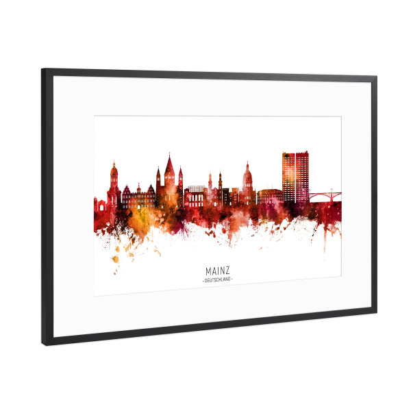 Poster mit Rahmen Schwarz (Metallic) "Mainz Germany Skyline Red Name" artboxONE - Städte