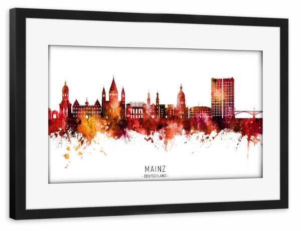 Poster mit Rahmen schwarz "Mainz Germany Skyline Red Name" artboxONE - Städte