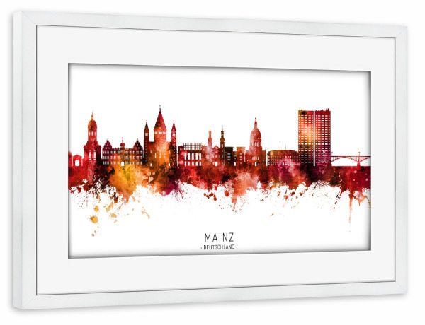 Poster mit Rahmen weiß "Mainz Germany Skyline Red Name" artboxONE - Städte