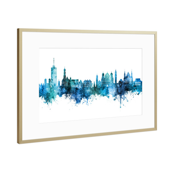 Poster mit Rahmen Gold "Augsburg Germany Skyline Blue" artboxONE - Städte