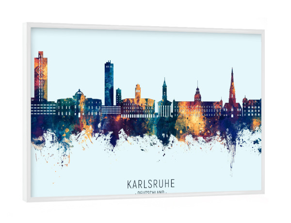 Poster mit weißem Rahmen "Karlsruhe Skyline BlueOrange" artboxONE - Städte