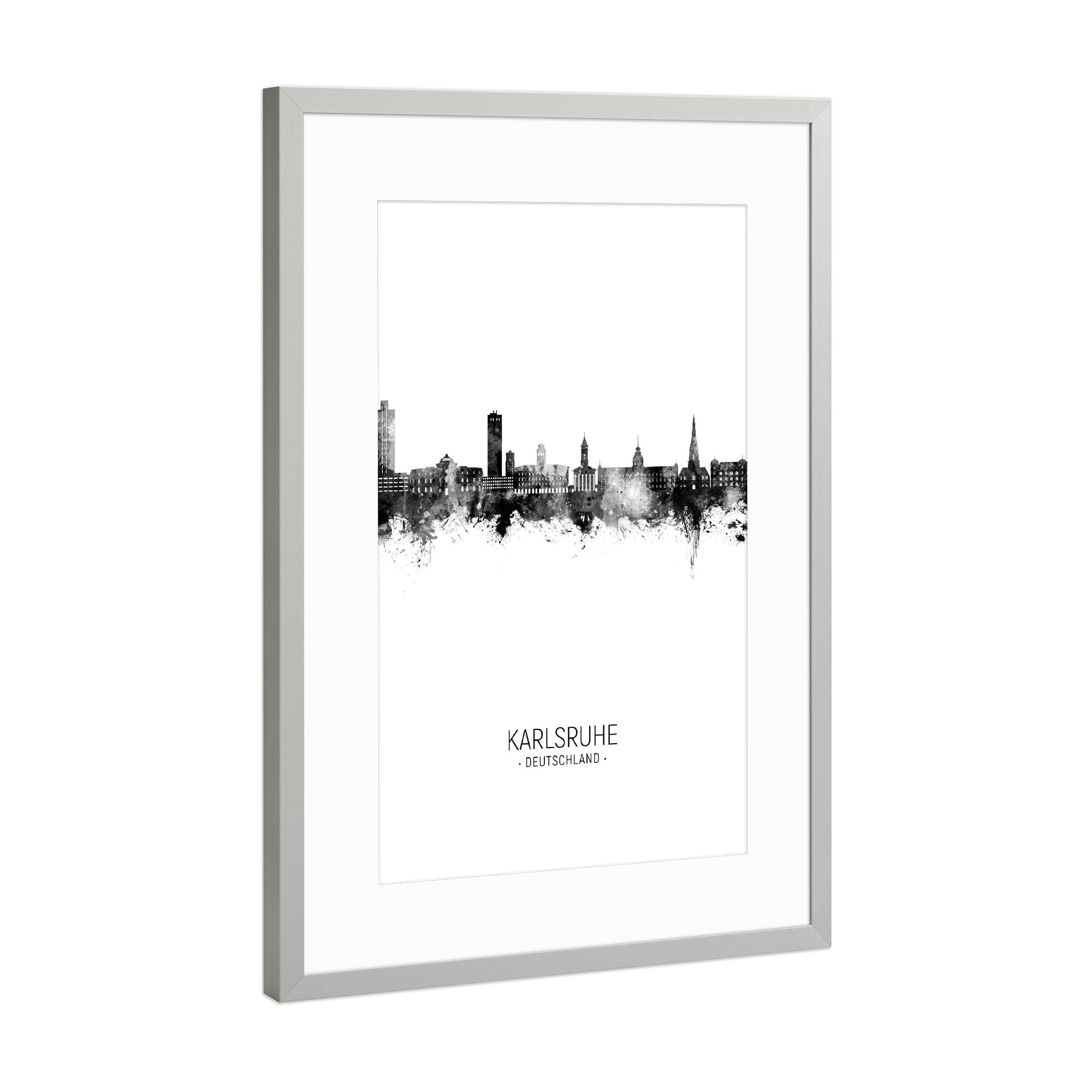 Poster mit Rahmen Silber "Karlsruhe Germany Skyline BW" artboxONE - Städte,Schwarzweiß