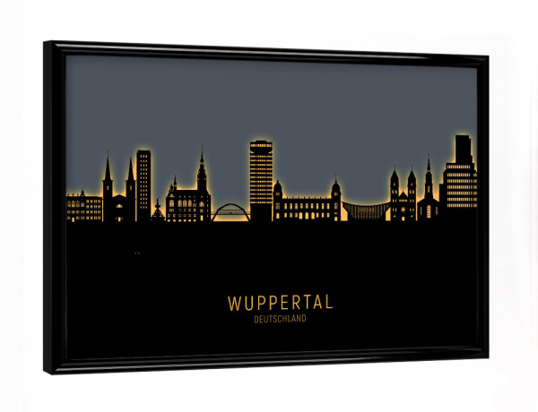 Poster mit schwarzem Rahmen "Wuppertal Skyline Glow Orange" artboxONE - Städte