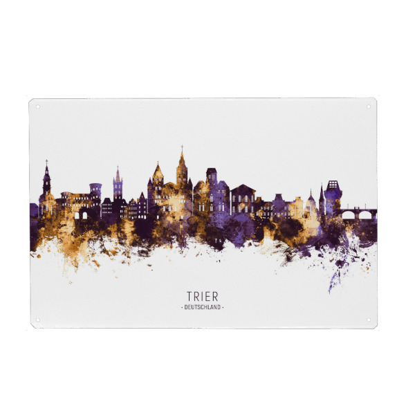 Holzbild "Trier Germany Skyline PurpleGold" artboxONE - Städte - Trier,Deutschland,Skyline,Cityscape,Stadtbild,Watercolor,Painting,City,Stadt,Germany