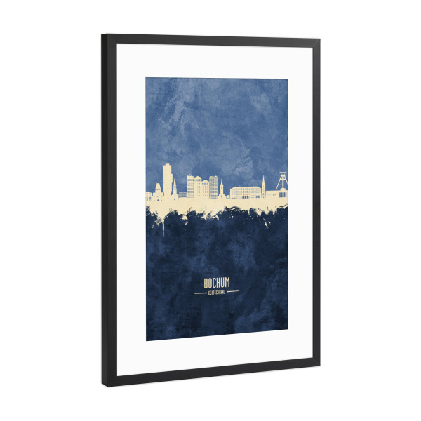 Poster mit Rahmen Schwarz (Metallic) "Bochum Germany Skyline Navy" artboxONE - Städte