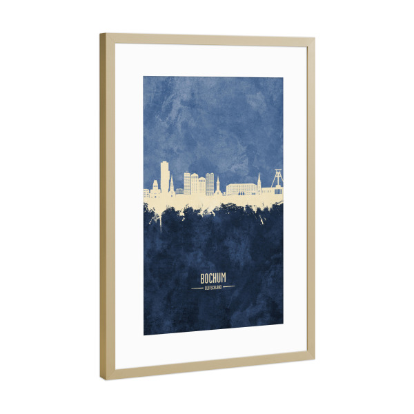 Poster mit Rahmen Gold "Bochum Germany Skyline Navy" artboxONE - Städte
